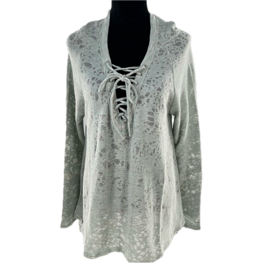 Anthropologie Maronie Lace Up V-Neck Hooded Top Distressed Sweater Size Medium